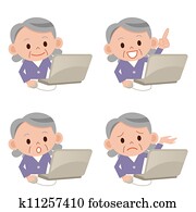 abuela, con, computador portatil, aislado