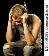 adolescente, suicídio, depressão, conceito, com, adolescente, macho, segurando, handgun, para, cabeça