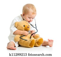 adorável, criança, com, roupas, de, doutor, e, urso teddy, sobre, branca