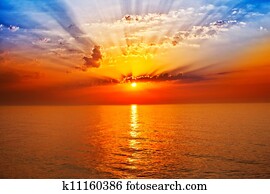 amanhecer, em, a, mar