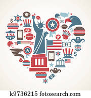 amerika, liefde, -, hart gedaante, met, velen, vector, iconen