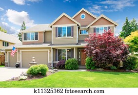 amerikaan, beige, luxe, groot, woning, voorkant, exterior.