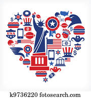 américa, amor, -, forma corazón, con, muchos, vector, iconos