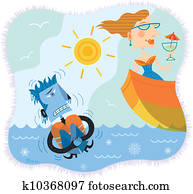 An illustration of a man in freezing water while a woman is in a boat sipping cocktails An illustration of a man in freezing water while a woman is in a boat sipping cocktails