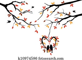 aves, en, otoño, árbol, en, corazón, nido