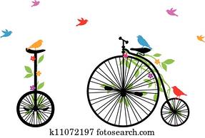 aves, en, retro, bicicleta, vector