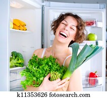 Beautiful Young Woman near the Refrigerator with healthy food 