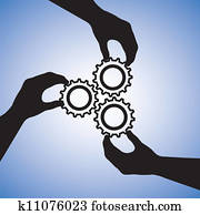 begriff, abbildung, von, gemeinschaftsarbeit, und, leute, zusammenarbeiten, für, team, success., dass, grafik, schließt, hand, silhouetten, halten, zahnräder, gemeinsam, zeigen, zusammenarbeit, und, beitritt, hände, für, erfolg