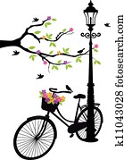 bicicleta, com, lâmpada, flores, e, árvore