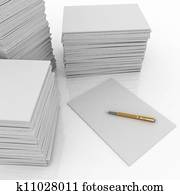big pile of paper and pen on white background