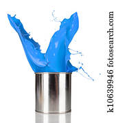 Blue paint splashing out of can, isolated on white background