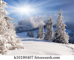 bonito, paisagem inverno, com, neve coberta, árvores.