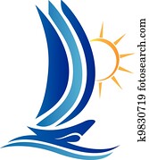 bote, ondas, e, sol, logotipo, vetorial