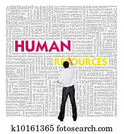 Business man building word cloud for human resources concept Business man building word cloud for human resources concept