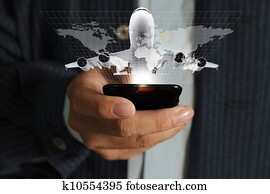 business man hand use mobile phone streaming travel around the world