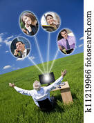 Businessman Computer Network In Green Field