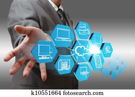 Businessman draws cloud network on abstract icon Businessman draws cloud network on abstract icon
