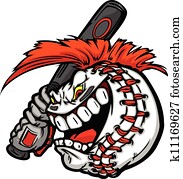 Cartoon Baseball Ball Face with Mohawk Hair Holding Baseball Bat Illustration Vector