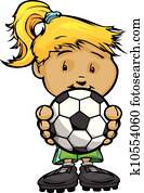 Cartoon Vector Illustration of a Cute Girl Soccer Player with Hands Holding Ball