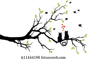 cats in love on tree, vector cats in love on tree, vector
