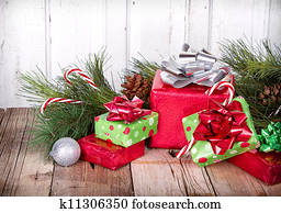 Christmas Presents on Wooden Background
