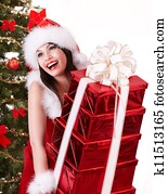 Christmas woman and fir tree with red gift box group.