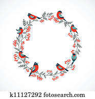 Christmas wreath with birds and ashberry Christmas wreath with birds and ashberry