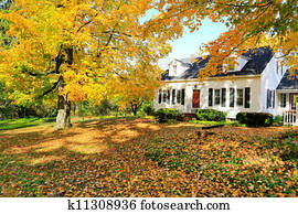 Classic New England American house exterior during fall.