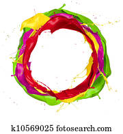 Colored paints splashes circle, isolated on white background