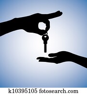 Concept illustration of buying and selling house in real estate market. The hand holding the key chain is the seller or the owner and the arm receiving the house key is the buyer or purchaser.