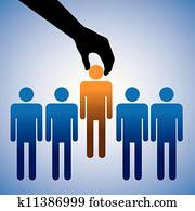 Concept illustration of hiring the best candidate. The graphic shows company making a choice of the person with right skills for the job among many candidates Concept illustration of hiring the best candidate. The graphic shows company making a choice of the person with right skills for the job among many candidates