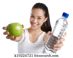 condicão física, menina, com, alimento saudável