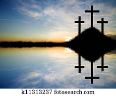crucifixos, em, pôr do sol