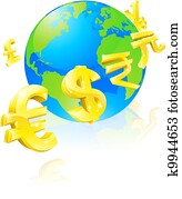 currencies, znacka, glóbus, pojem