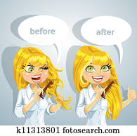 cute, mulher, escovar, dela, cabelo