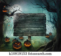 dia das bruxas, desenho, -, floresta, abóboras