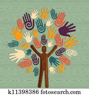 diversidad, humano, árbol, manos