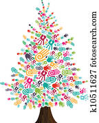 diversidad, árbol de navidad, manos, aislado