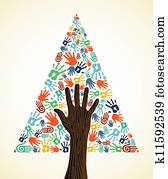 diversité, noël, arbre pin, mains