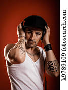 dj, frente, um, experiência vermelha