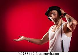 dj, frente, um, experiência vermelha