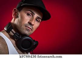 dj, frente, um, experiência vermelha