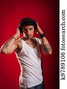 dj, frente, um, experiência vermelha