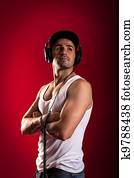 dj, frente, um, experiência vermelha