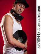 dj, frente, um, experiência vermelha