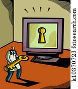 Doctor holding a giant key in front of a computer screen that has a keyhole