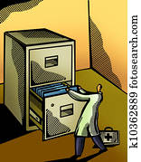 Doctor pulling a medical file from a giant cabinet