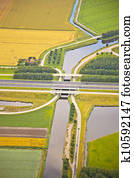 Dutch farm landscape with infrastructure road and canal