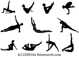 Eleven pilates silhouettes of working out and stretching on the white background Eleven pilates silhouettes of working out and stretching on the white background