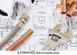 encanamento, ferramentas, organizado, ligado, casa, planos